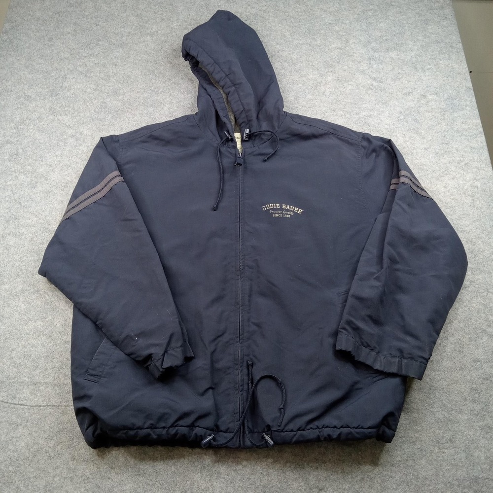 Eddie‎ Bauer Jacket Mens Large Navy Hooded Full Zip Nylon Fleece Lined Coat